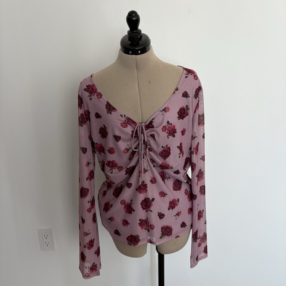Self Esteem Womens Rose Floral Print Blouse 1X Pink Red Long Sleeve Sheer Boho